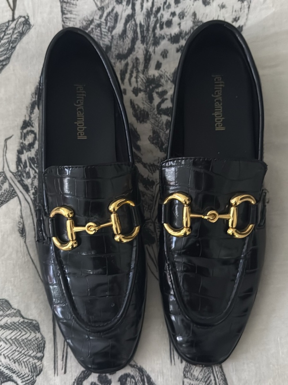 Jeffrey Campbell Black Croc-Embossed Loafers with Gold Bit